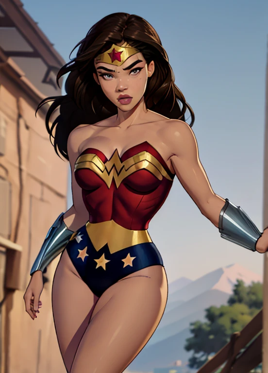 PhotoRealistic Art Style Best Qualit:1.3, Natural Beauty, Masterpiece, Full Body View Visible, Hailee Steinfeld, Perfectly Accurate Face Proportion,Realistic Light Hazel Brown Eyes, Thick Eyebrows, Brown hair, slim toned Thighs, tight ass, perky round breast , slim athletic body type, perfect body type, wonder woman