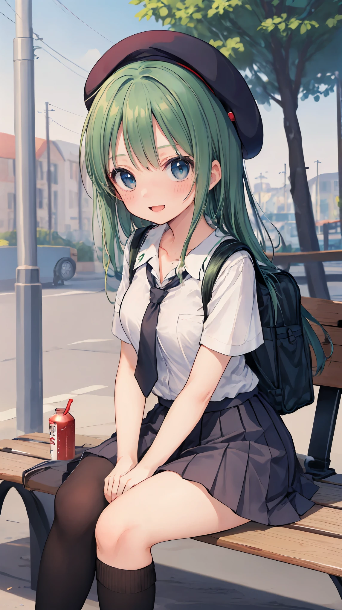 (masterpiece, highest quality), High resolution, Detailed face:1.2, (anime_style:1.2), Sharpness, 4K, A woman taking a photo, happy smile, Panic face, upset, Open your mouth, Long Hair, Green Hair, Straight hair, Fine skin, Beautiful Hands, Beautiful fingers, Wearing a beret, tie, Short sleeve blouse, Pleated skirt, school bag, Thighs, Absolute area, Knee socks, hand between legs, Hot summer day, School, Schoolyard, Sitting on a bench, holding Canned juice, Natural light, Sharp focus, Hasselblad Photography, Cinema Lighting, whole body, Canned juice,