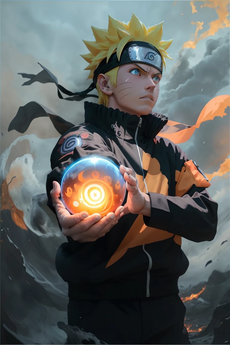 Orange and black clothes、(The wind blows into my hands,A small light blue tornado-like sphere called a Rasengan:1.2),Realistic,8k,Five Fingers,uzumaki Naruto,One boy, lightning, Brave, Through clenched teeth, Fiery red eyes, Burning Eyes、engulfed in blazing flames、profile、He looks at me and glares at me.,Bend your right elbow