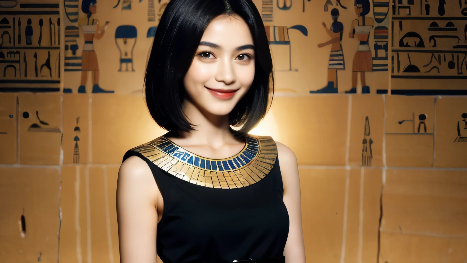 243 20-year-old female, short hair,kind, lipstick, Egyptian civilization, Waist belt, Hieroglyphics, smile