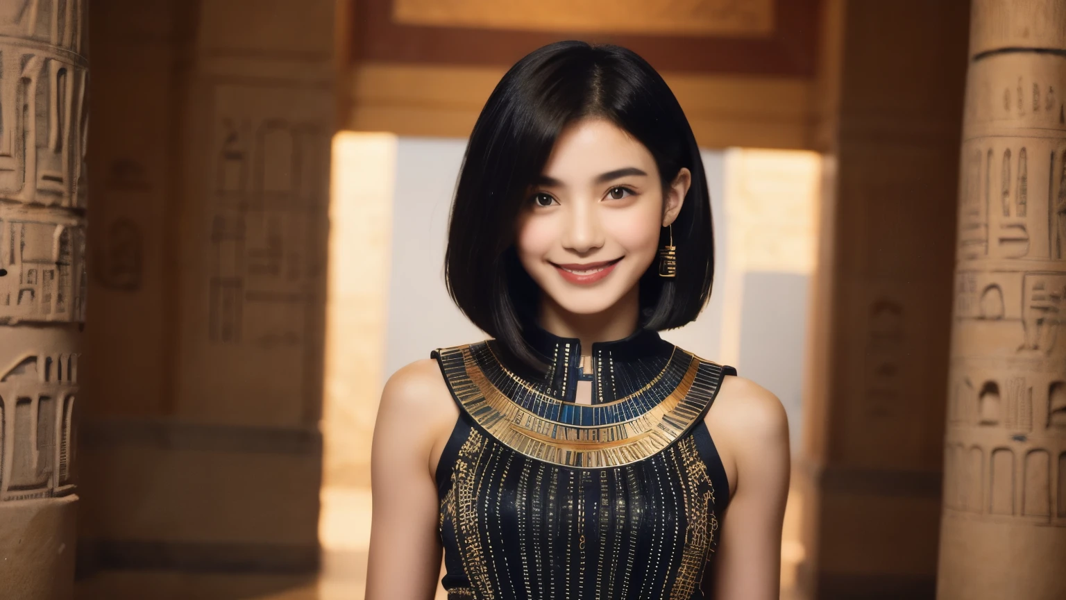 243 20-year-old female, short hair,kind, lipstick, Egyptian civilization, Waist belt, Hieroglyphics, smile
