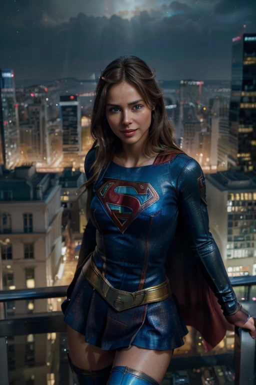 1 girl (dressed as Supergirl), beautiful 4k Realistic supermodel (blue eyes), (She is smiling, dynamic possession, in a city, cityscape, dynamic pose, photorealistic, highly detailed, intricate details, glowing skin, volumetric lighting, dramatic lighting, cinematic, stunning, captivating, vibrant colors, rich color palette, (best quality,4k,8k,highres,masterpiece:1.2),ultra-detailed,(realistic,photorealistic,photo-realistic:1.37),HDR,UHD,studio lighting,ultra-fine painting,sharp focus,physically-based rendering,extreme detail description,professional,vivid colors,bokeh