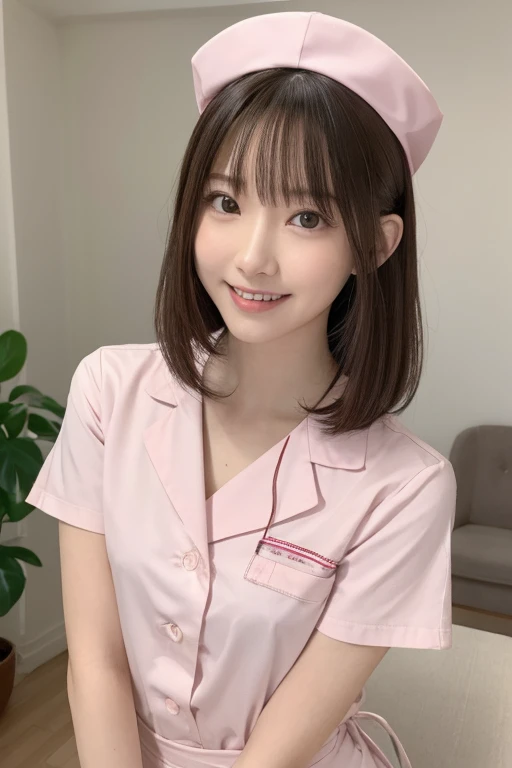 highest quality、8k wallpaper、Reality:1.4、Cinema Lighting、View your viewers、background:An all-white room、1 beautiful girl、Japanese Idol、23 years old、Beautifully detailed eyes、Detailed face、Beautiful Skin、Slender、Slim waist、Thin legs、Light Hair、Japanese Nurse、Light pink nurse uniform、Light pink nurse cap、smile:1.5、Seductive pose