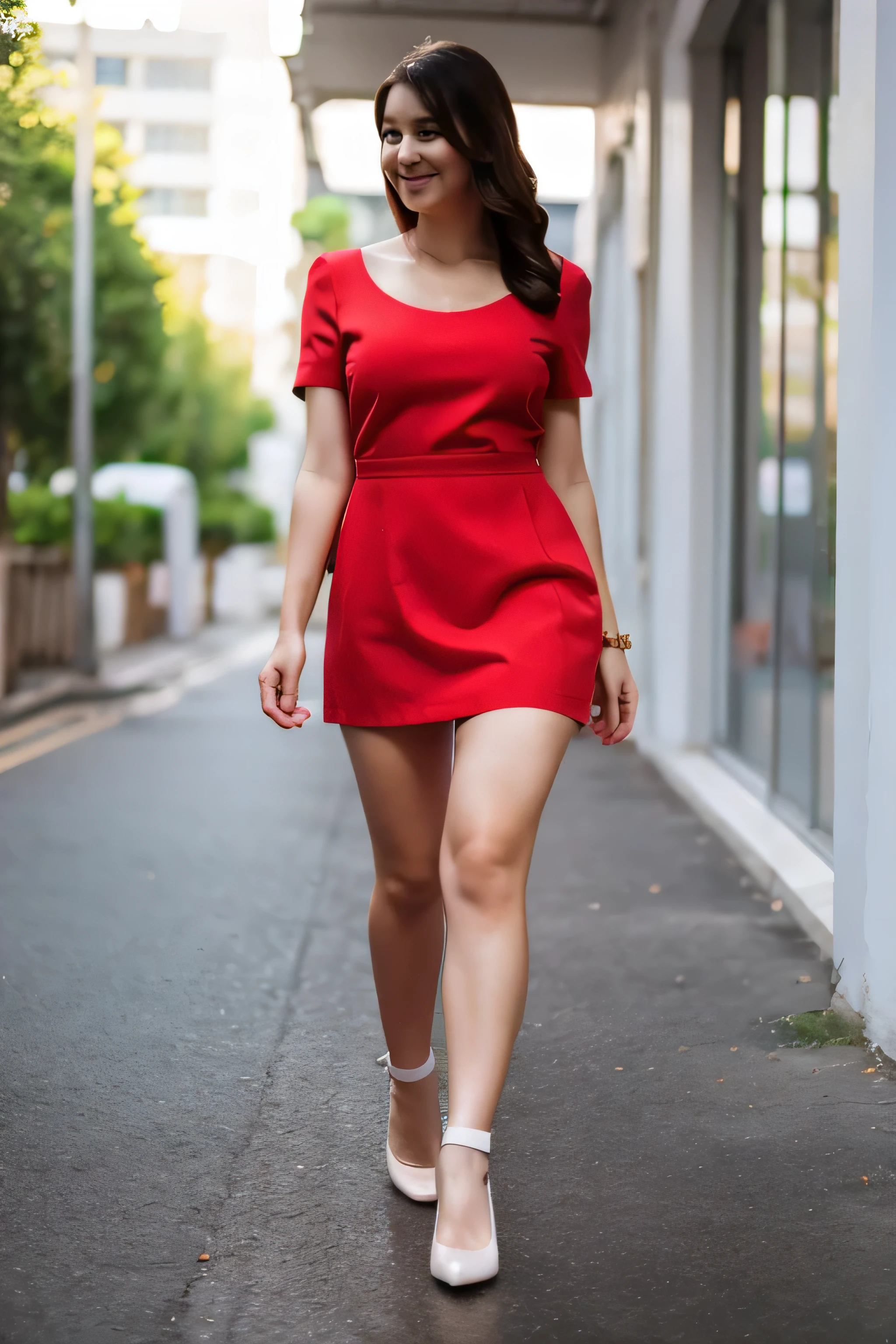 woman in red mini dress, walking, very sexy, full body, ultra mini skirt,nice legs, walking , sexy fat white legs