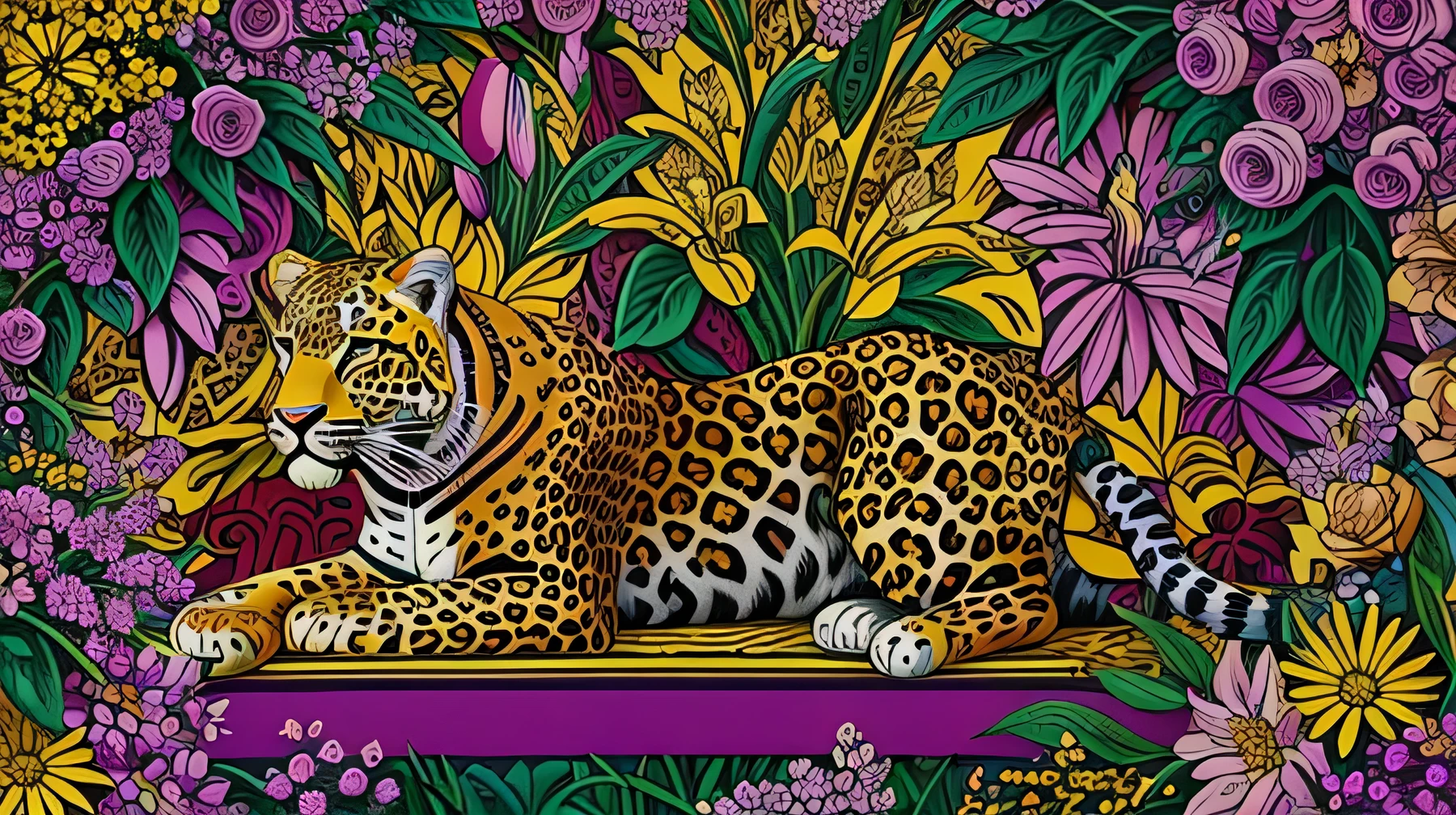 Detailed, high quality, careful drawing of details, fine work, artificial, jewelry work, a full-length leopard sits regally among the flowers in a painting in the style of pop art by Annabel Kidston, winner of the behance competition, in the nominations "naive art", "maximalism", "fauvism", "pop art".