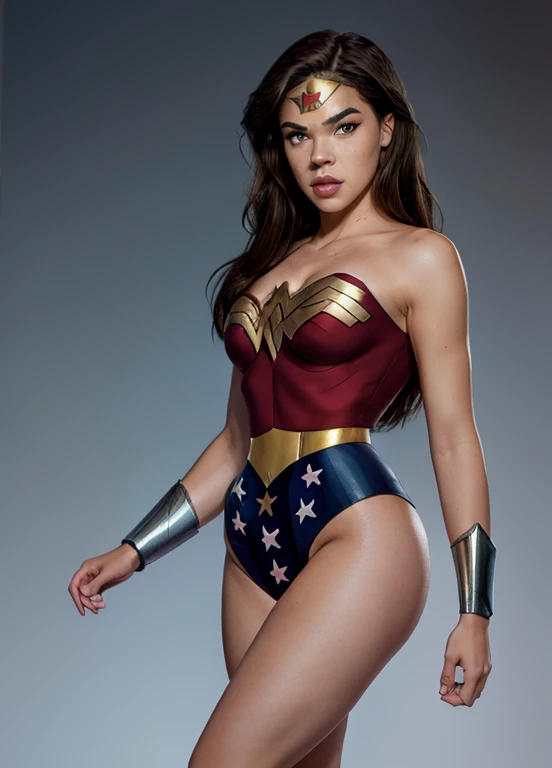PhotoRealistic Art Style Best Qualit:1.3, Natural Beauty, Masterpiece, Full Body View Visible, Hailee Steinfeld, Perfectly Accurate Face Proportion,Realistic Light Hazel Brown Eyes, Thick Eyebrows, Brown hair, slim toned Thighs, tight ass, perky round breast , slim athletic body type, perfect body type, wonder woman