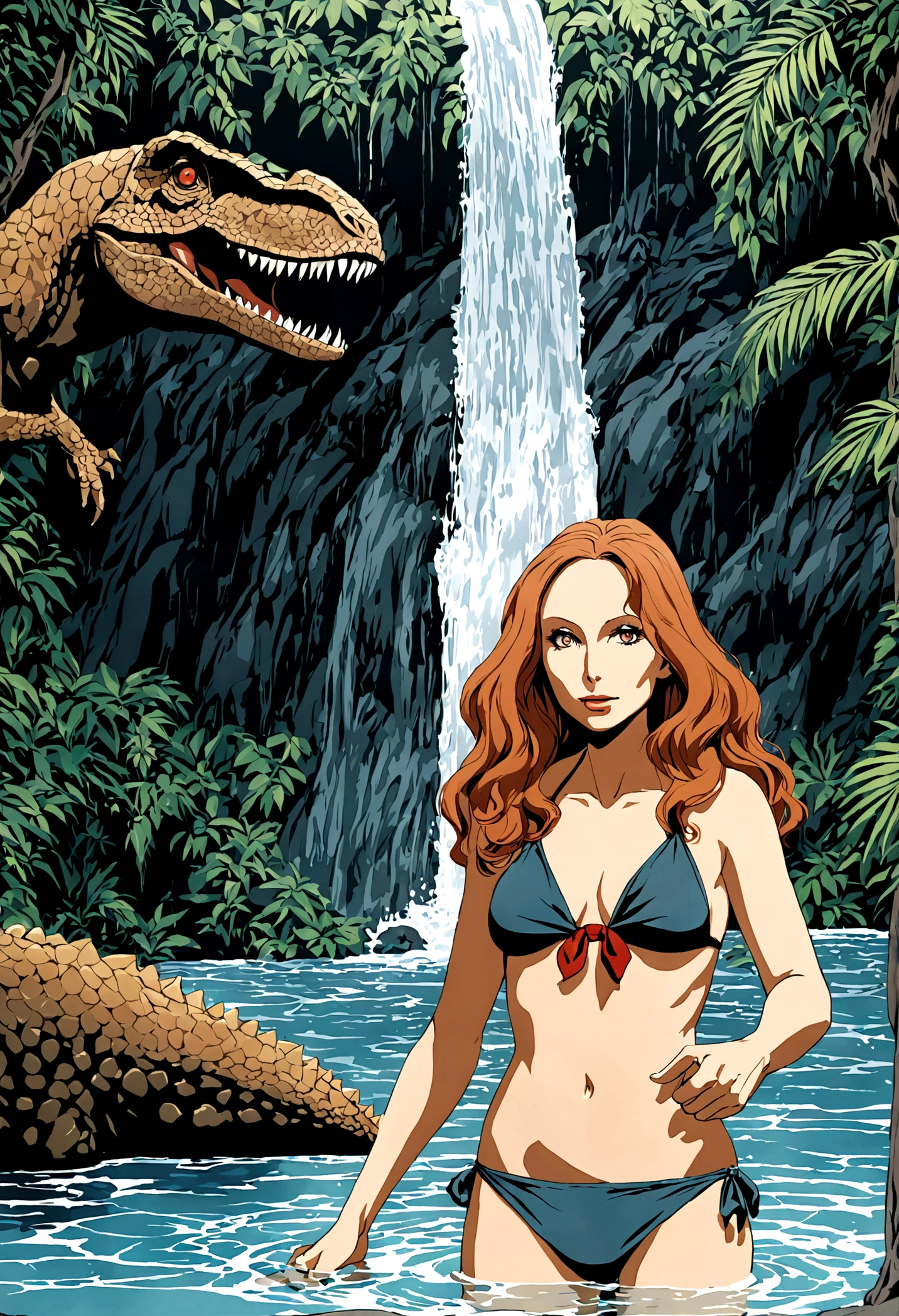 Gates McFadden (age 30) dressed in an explorers themed bikini. She was bathing in a pool under a waterfall when attacked by a fearsome dinosaur monster. Deadly struggle