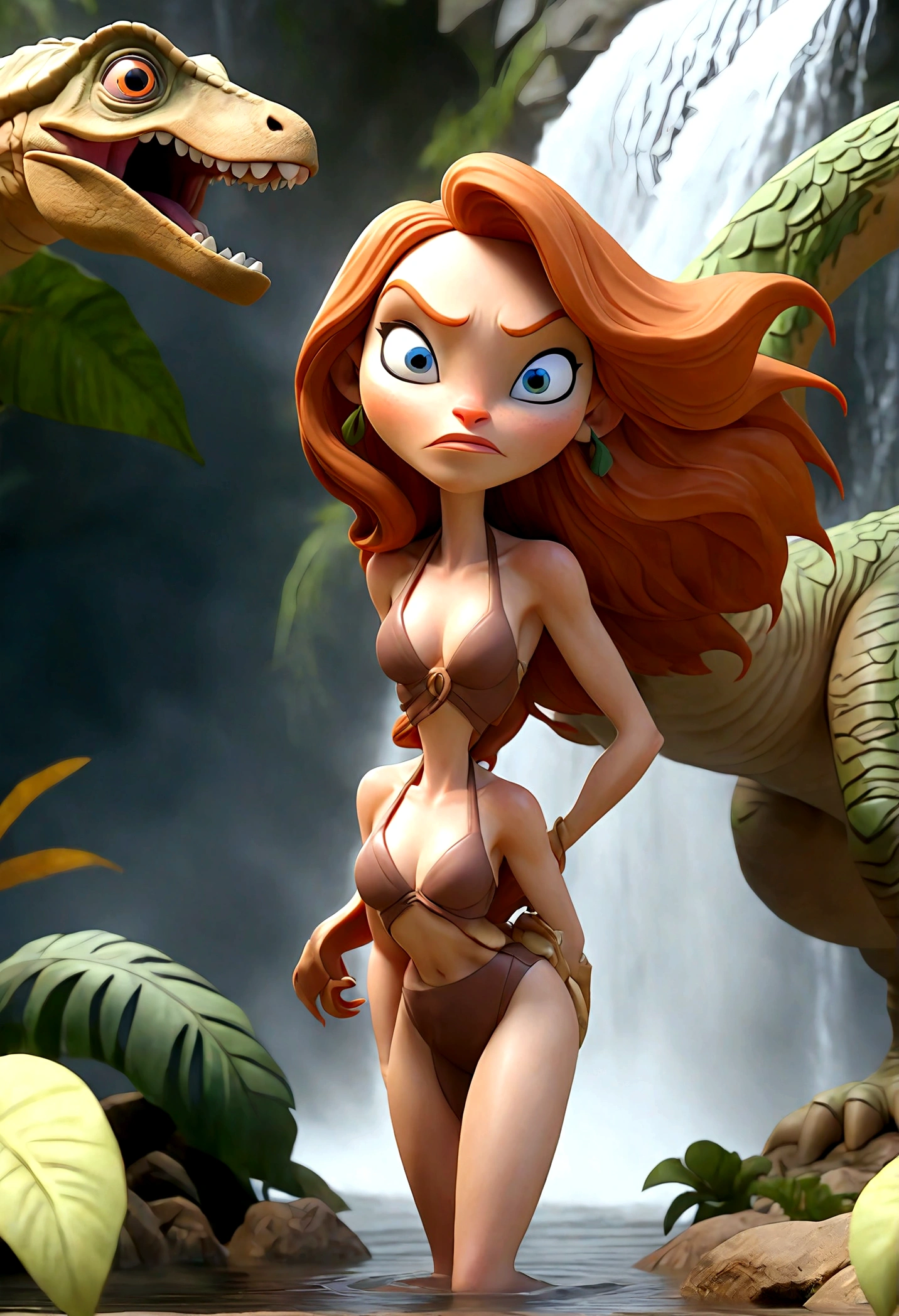 a beautiful young woman (gates mcfadden, age 30) wearing an explorer themed bikini, bathing in a pool under a waterfall, suddenly attacked by a fearsome dinosaur monster, intense deadly struggle, highly detailed, photorealistic, 8k, dramatic lighting, cinematic composition, lush tropical environment, vivid colors, dynamic action, incredible realism