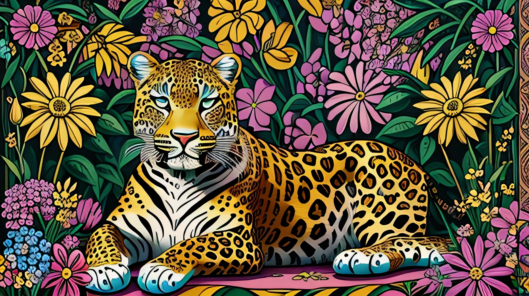Detailed, high quality, careful drawing of details, fine work, artificial, jewelry work, a full-length leopard sits regally among the flowers in a painting in the style of pop art by Annabel Kidston, winner of the behance competition, in the nominations "naive art", "maximalism", "fauvism", "pop art".