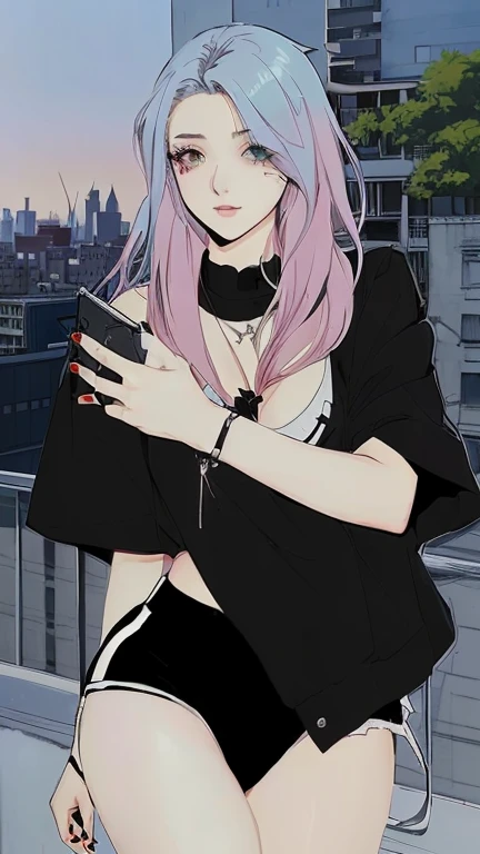 beautiful woman with a bird on her shoulder and a city skyline in the background, urban girl fanart, 1 7 - year - old anime goth girl, vibes, aesthetic, style mixed with fujifilm, styled, in an style, aestetic