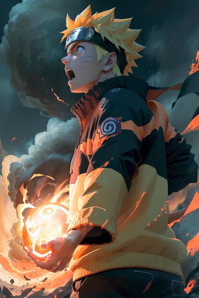 Orange and black clothes、(The wind blows into my hands,A small light blue tornado-like sphere called a Rasengan:1.2),Realistic,8k,Five Fingers,uzumaki Naruto,One boy, lightning, Brave, (Shouting at someone:1.5), Fiery red eyes, Burning Eyes、The whole body is engulfed in burning flames、profile、Glaring at the enemy,