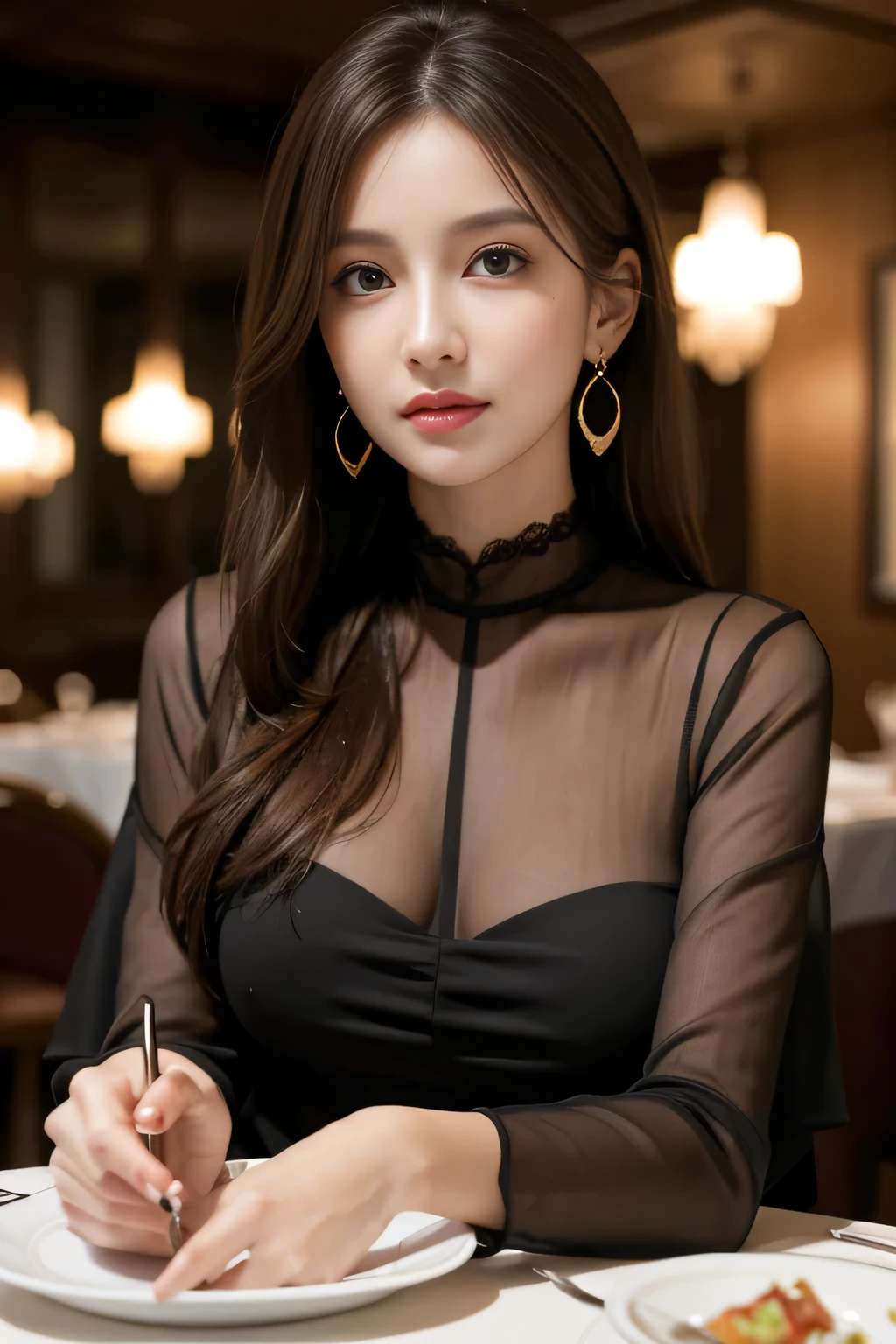 masterpiece, highest quality, Realistic, Very detailed, Finer details, High resolution, 8k wallpaper, One beautiful woman,Wear an elegant black see-through blouse, In a great restaurant, At night, Light brown messy hair, Perfect dynamic composition, Beautiful and beautiful eyes、Big earrings,