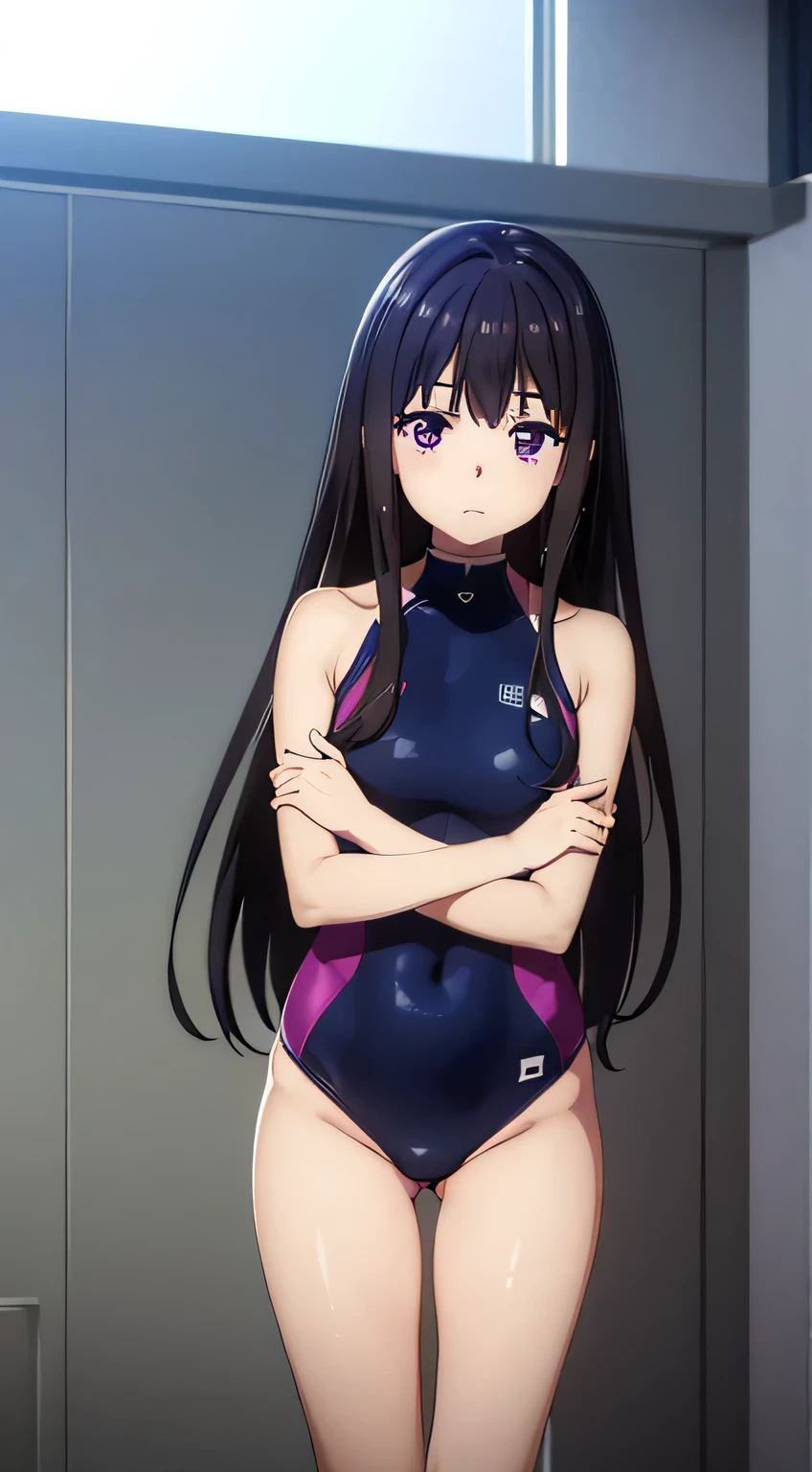 (masterpiece、highest quality、In 8K、High resolution:1.2)、alone、One Girl、  Takina Inoue、Feeling embarrassed、blush、Purple Eyes、Look at the viewers、whole body、Navy blue swimsuit、Dark blue racing swimsuit、Glossy body、Wet body、Daytime、locker room、Low - Angle