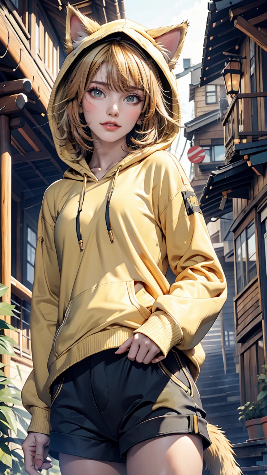 (masterpiece), (highest quality), (figure), (Very detailed), (High resolution), Disorganized, One Girl, (kagamine-rin), (Vocaloid), smile, short hair, Hair Clip, (Cat ears hoodie), Wearing a hooded hat, Moe sleeves, blush, Black shorts, (blonde), (Number 02 tattoo on left arm), Very cute girl, small, young, delicate, Outdoor, Attention to girls