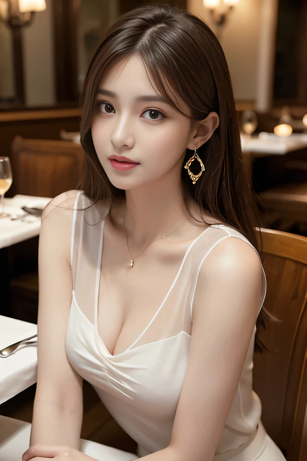masterpiece, highest quality, Realistic, Very detailed, Finer details, High resolution, 8k wallpaper, One beautiful woman,Wear an elegant white see-through blouse, In a great restaurant, At night, Light brown messy hair, Perfect dynamic composition, Beautiful and beautiful eyes、Big earrings,Sleeveless shirt、
