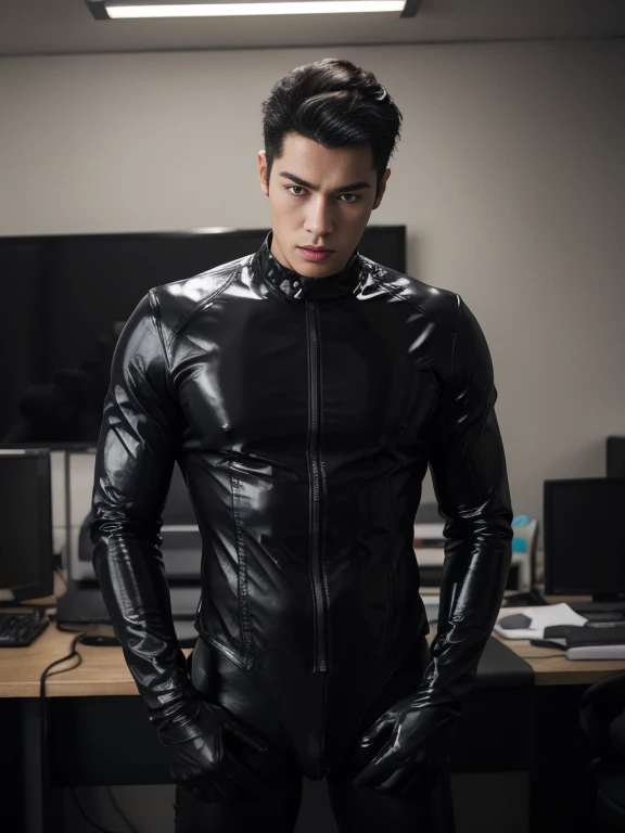 Skin is not shown Skin is covered with black latex High quality High quality High quality real penis Handsome man 20 years old sucking penis,a daddy,tight black tight suit,in the office,muscle, gay ,black hair,asia face,masculine,,handsome,sex,leather gloves,lecherous dad,look straight ahead,Dad is erection