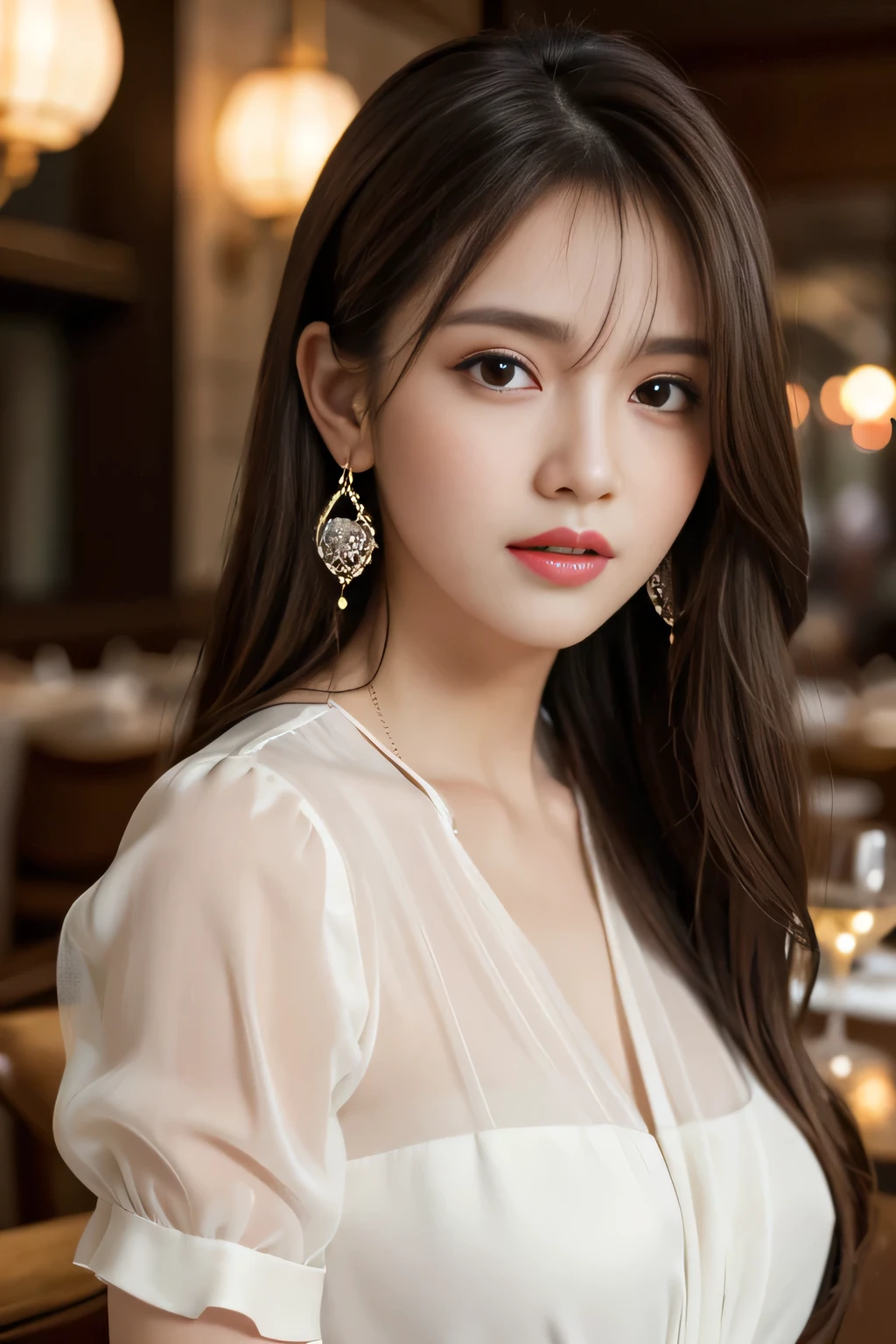 masterpiece, highest quality, Realistic, Very detailed, Finer details, High resolution, 8k wallpaper, One beautiful woman,Wear an elegant white see-through blouse, In a great restaurant, At night, Light brown messy hair, Perfect dynamic composition, Beautiful and beautiful eyes、Big earrings,
