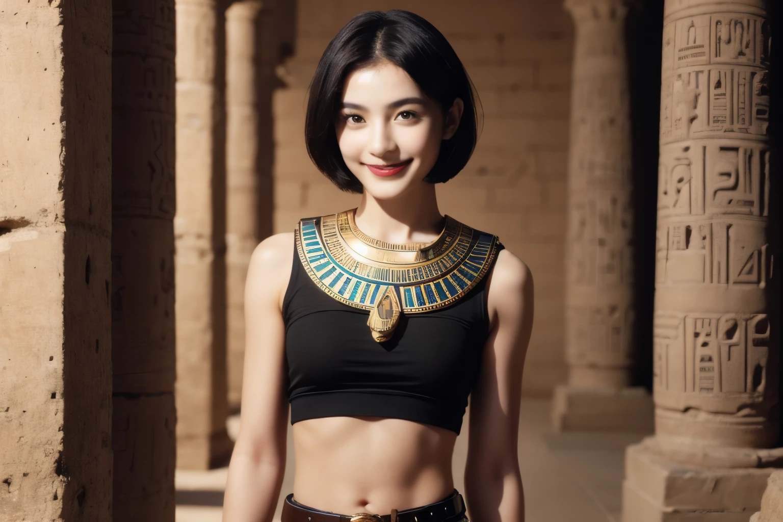 243 20-year-old female, short hair,kind, lipstick, Egyptian civilization, Waist belt, Hieroglyphics, smile