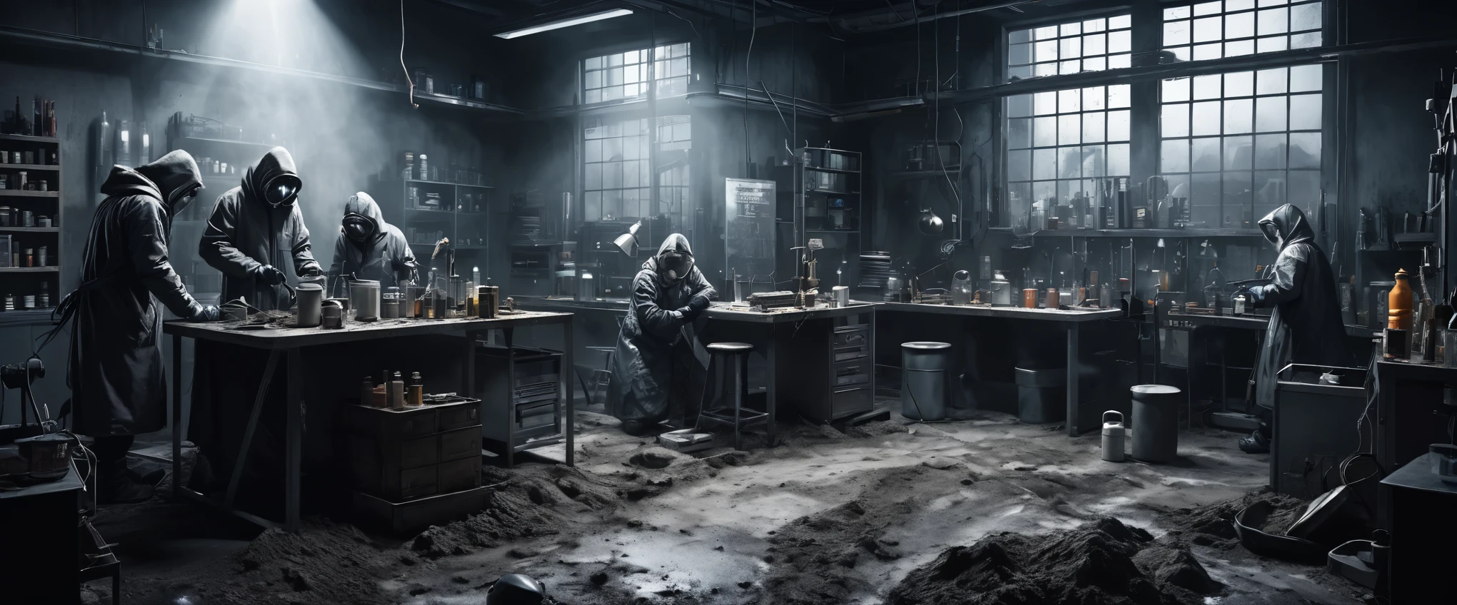 science fiction lab, apocalyptic powder, crooked top angle, too much metal, full of metal, full of dirt, bad lighting, scientists with cold clothes working, ultrarealistic style, horror, scary, dark
