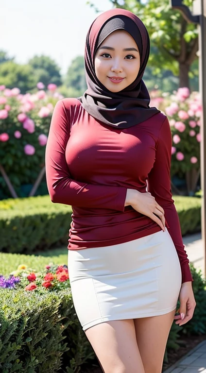 RAW, Best quality, high resolution, Masterpiece: 1.3), Beautiful Korean woman in hijab, Masterpiece, Perfect slim body, ((Big breasts)), Beautiful big eyes, water eyes, Soft smile,hijab, (tight dress), red dress, longsleeve, sexy body, (black short skirt), pencil skirt, panties, black background, (extremely detailed skin, extremely detailed hijab),morning time, laughing, happy, bright sunlight, flower garden path, blurred background, bokeh,