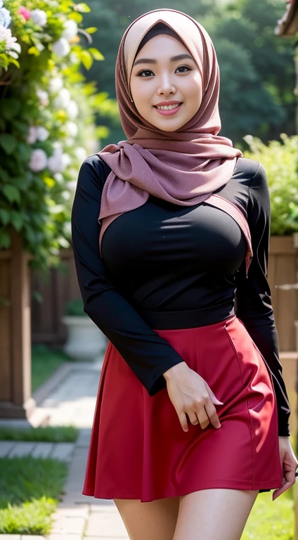 RAW, Best quality, high resolution, Masterpiece: 1.3), Beautiful Korean woman in hijab, Masterpiece, Perfect slim body, ((Big breasts)), Beautiful big eyes, water eyes, Soft smile,hijab, (tight dress), red dress, longsleeve, sexy body, (black short skirt), pencil skirt, panties, black background, (extremely detailed skin, extremely detailed hijab),morning time, laughing, happy, bright sunlight, flower garden path, blurred background, bokeh,