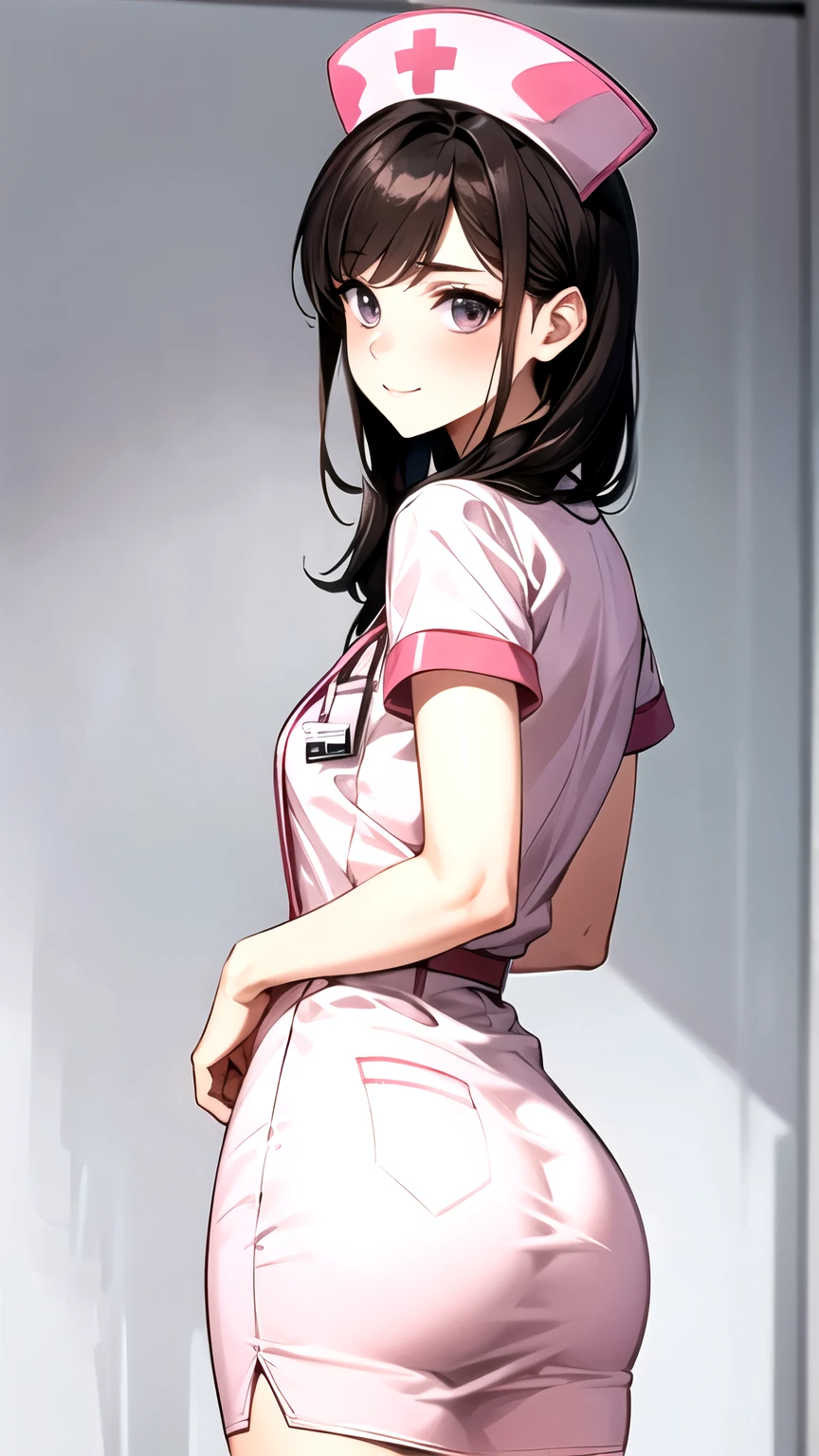 A very beautiful nurse in a pink nurse uniform turns around, in the examination room,
