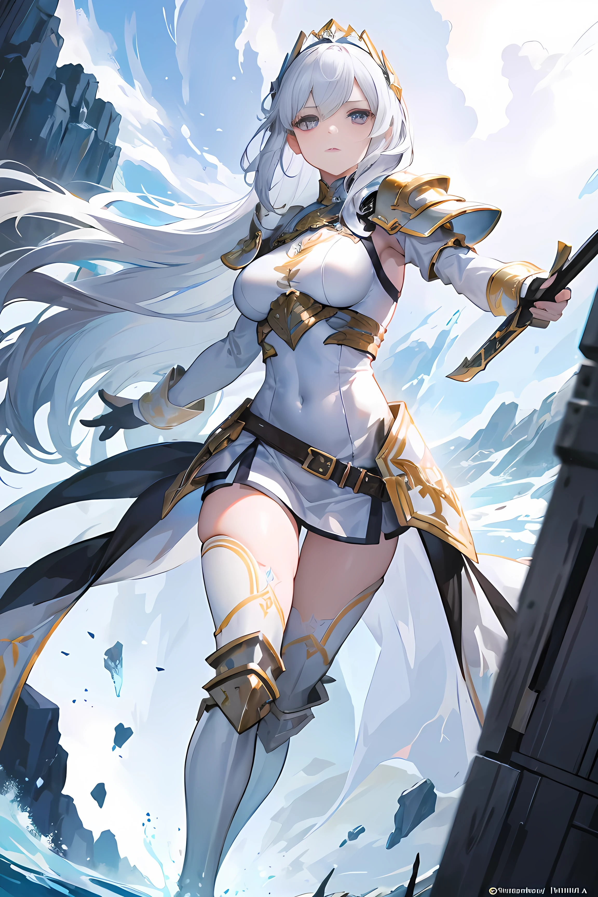 A female general,white metallic armor,Holding a white longsword,White hair,White pupil,Standing,heroic,comics,illustration,8k