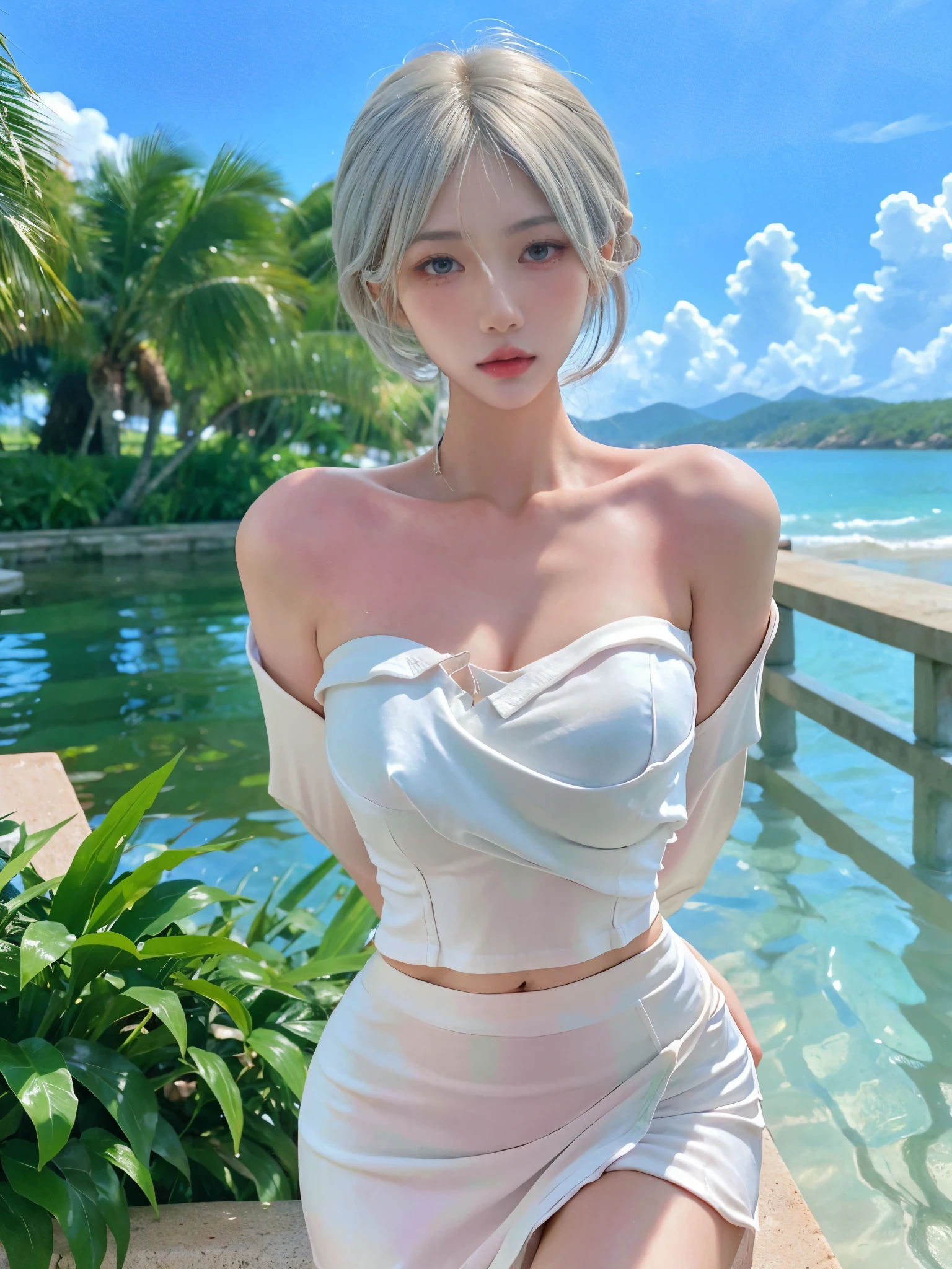 Beautiful woman with perfect body:1.4,layered hairstyle,prominent cleavage,bikini:1.5,ultra short pleated skirt,whole body,Highly detailed facial and skin textures,double eyelids,whiten skin,long white hair