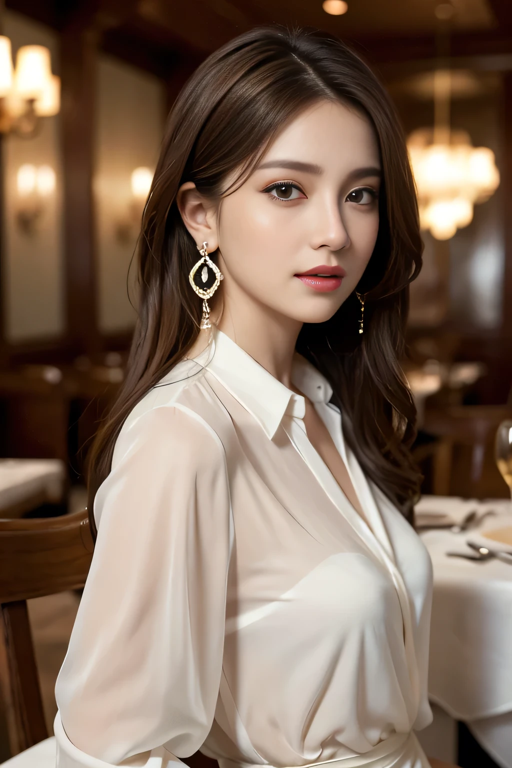 masterpiece, highest quality, Realistic, Very detailed, Finer details, High resolution, 8k wallpaper, One beautiful woman,Wear an elegant white see-through blouse, In a great restaurant, At night, Light brown messy hair, Perfect dynamic composition, Beautiful and beautiful eyes、Big earrings,