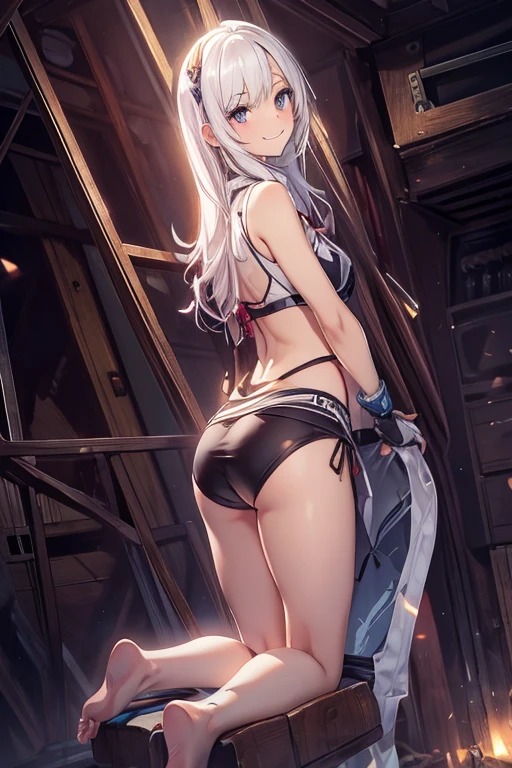 CG, Unity, 8k, wallpaper, highest quality, masterpiece, One girl, Cheerful girl, , (Bright smile: 1.2), barefoot, Best lighting, Complex pupil, Complex weaving,Low - Angle,White Hair,Hair covering one eye,whole body,((White background))