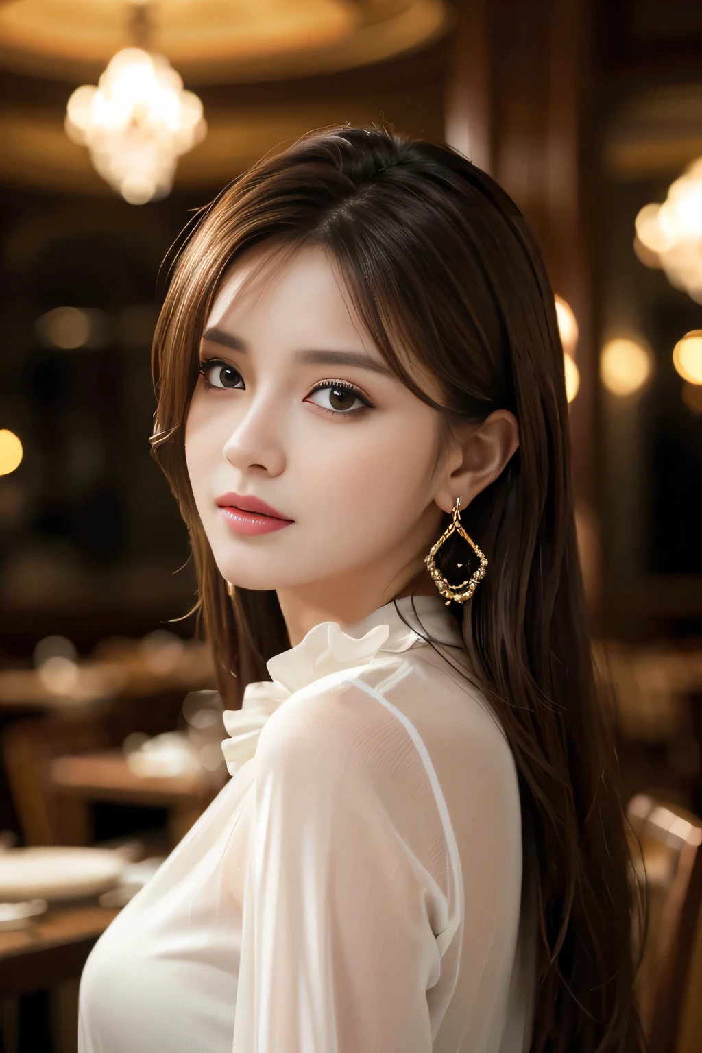 masterpiece, highest quality, Realistic, Very detailed, Finer details, High resolution, 8k wallpaper, One beautiful woman,Wear an elegant black see-through blouse, In a great restaurant, At night, Light brown messy hair, Perfect dynamic composition, Beautiful and beautiful eyes、Big earrings,