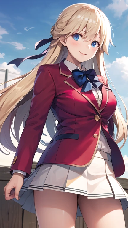 masterpiece, best quality, highres, 1girl, solo, long hair, blonde hair, hair ribbon, bangs, blue eyes, blue bowtie, collared shirt, blazer, red jacket, long sleeves, pleated skirt, white skirt, standing, cowboy shot, outdoors, smile