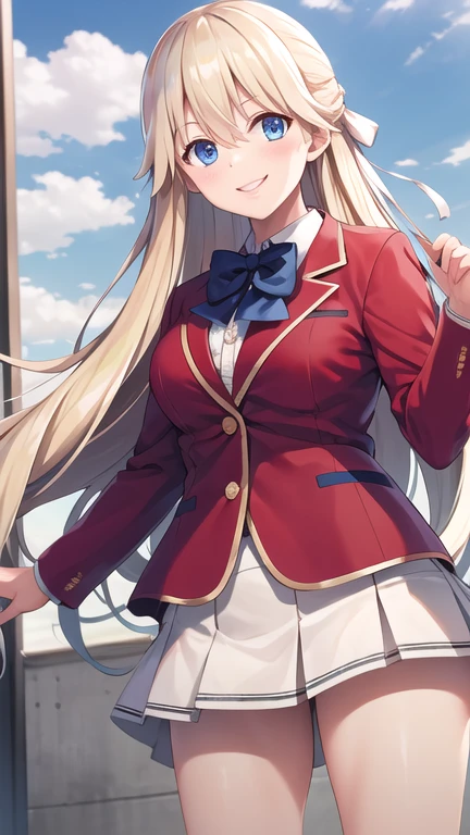 masterpiece, best quality, highres, 1girl, solo, long hair, blonde hair, hair ribbon, bangs, blue eyes, blue bowtie, collared shirt, blazer, red jacket, long sleeves, pleated skirt, white skirt, standing, cowboy shot, outdoors, smile