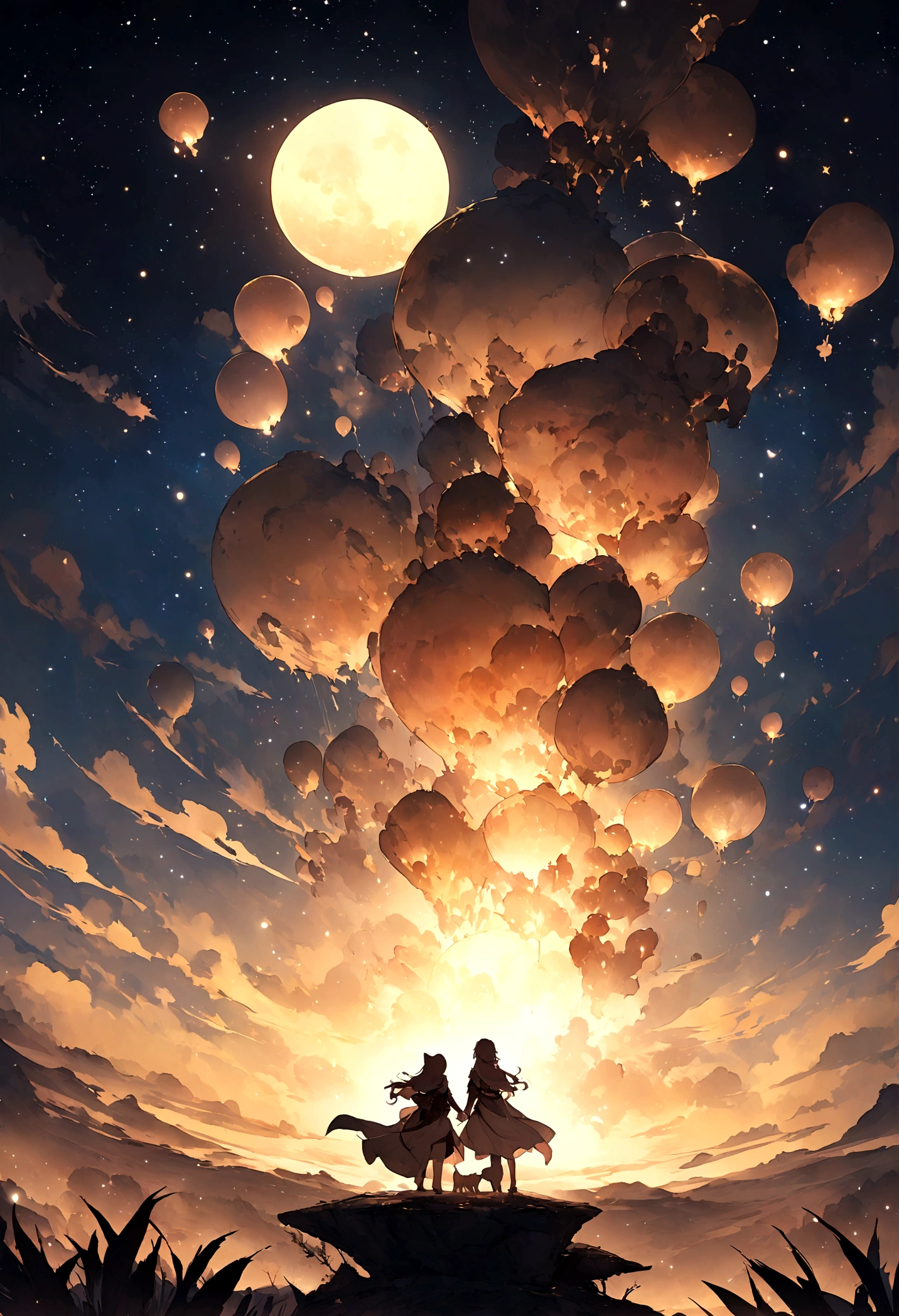 Creatures kittens wish towards the stars, hands together looking at the starry sky, fantasy world, illustrations, best picture quality