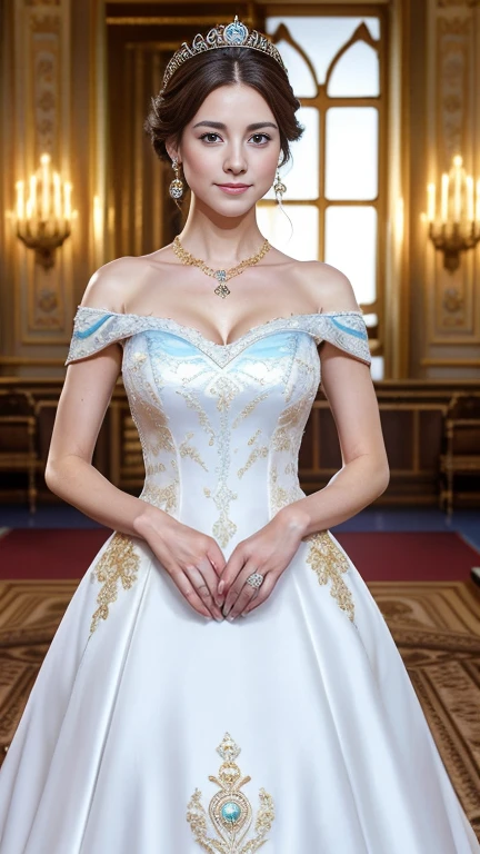 looking at viewer, Japanese beautiful female,  very cute girl, Age: 20 age-old,  brown hair , chignon , fringe, blue eye, little smile, (middle cup breasts, slender whist, middle hip ,beautiful pussy, beautiful anal, public hair),(Royal Navy color Princess dress, evening  long dress),(White satin gown and fur lined cape for ladies, Royal Victorian Era Queen:1.3), HI heals, gold ring earring, gold neckless, bracelet,  tiara , standing on floor, evening dinner Party  , night, UHD, accurate, anatomically correct, textured skin, super detail, high details, high quality, best quality,  Crew neck dress、Dress with shoulder decoration、elbow lace glove