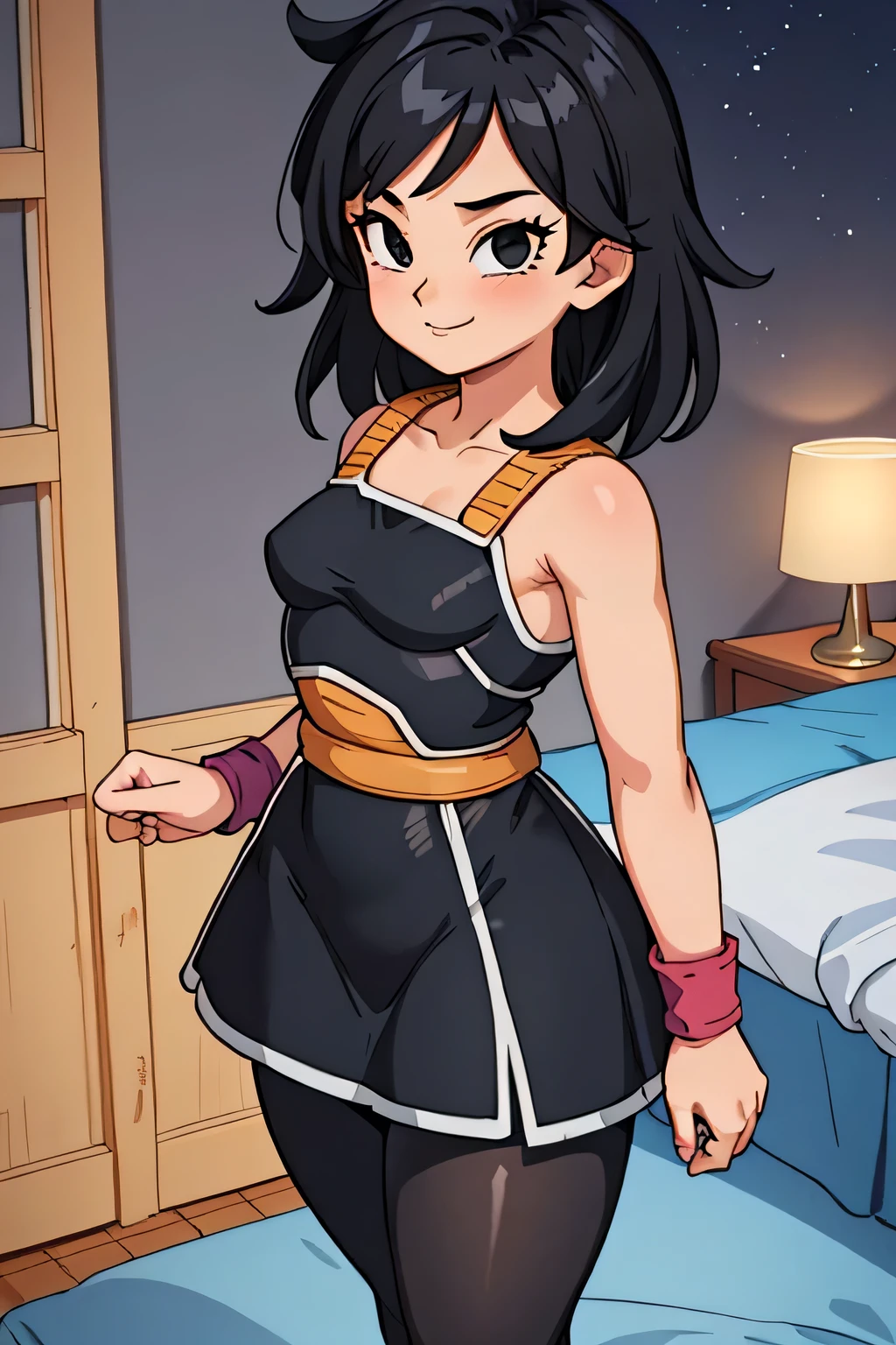 masterpiece, best quality, cowboy shot, 1girl, solo, saiyan armor, armor, black skirt, dress, wristband, black pantyhose, leggings, bedroom background, indoors, nighttime, smile, small breast, wide hips, curvy, collarbone, thin waist, looking at viewer, bare shoulders, black spiky hair, black medium hair, black eyes