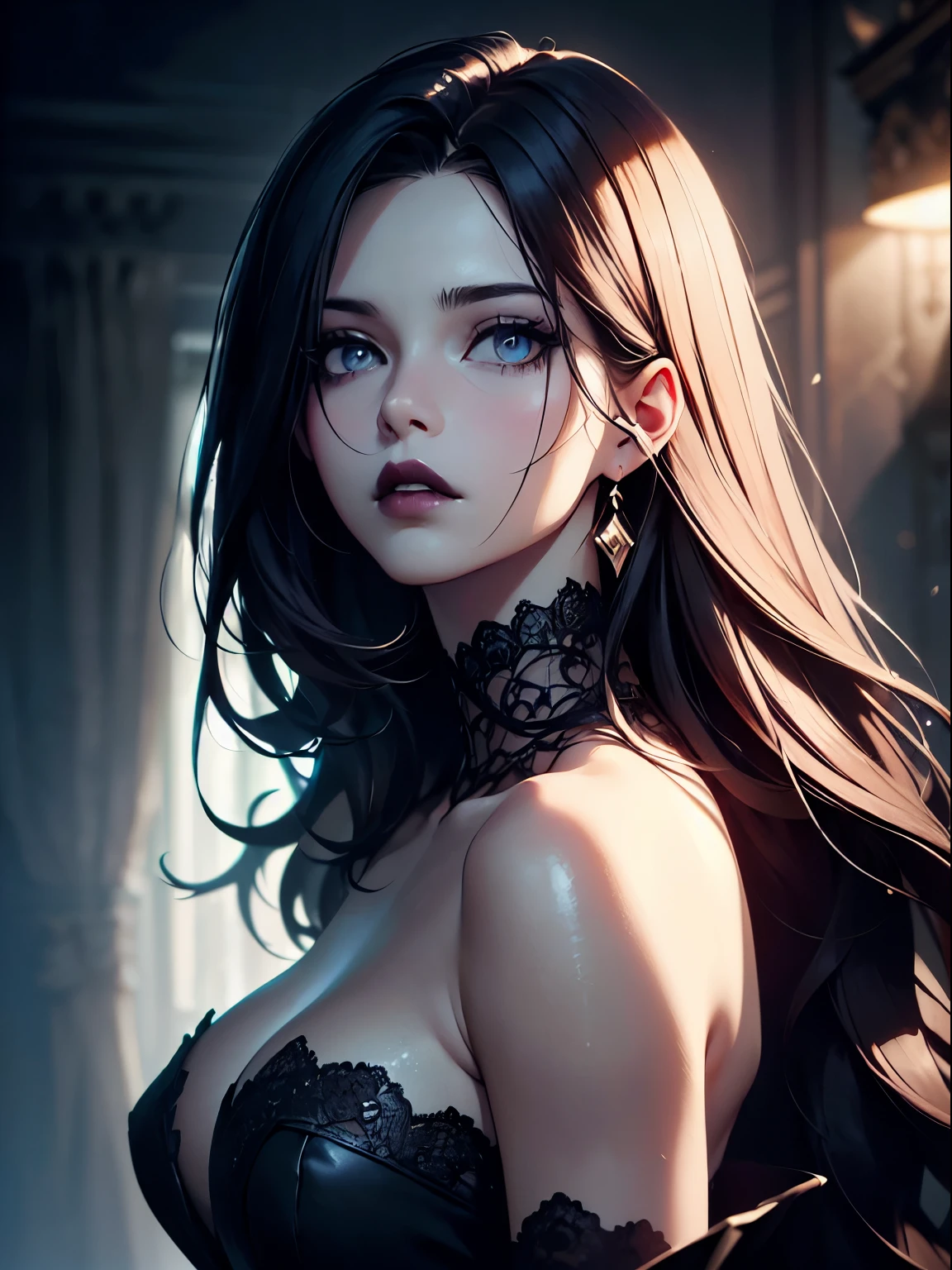 (best quality, masterpiece:1.2, ultra high res, high detail, realistic, photorealistic:1.4), raw photo, 1girl, offshoulder dress, in the dark, mysterious atmosphere, deep shadows, low key lighting, cold tones, detailed skin, (pale white skin:1.2) expressive eyes, luscious lips, (dark black lips:1.2) flowing hair, ethereal beauty, subtle highlights, moody ambiance, soft and diffused lighting, captivating gaze, delicate features, graceful pose, enchanting darkness, dramatic contrast, mesmerizing shadows, cinematic composition, evoking emotion, hauntingly beautiful, intricate details, fine art aesthetic.