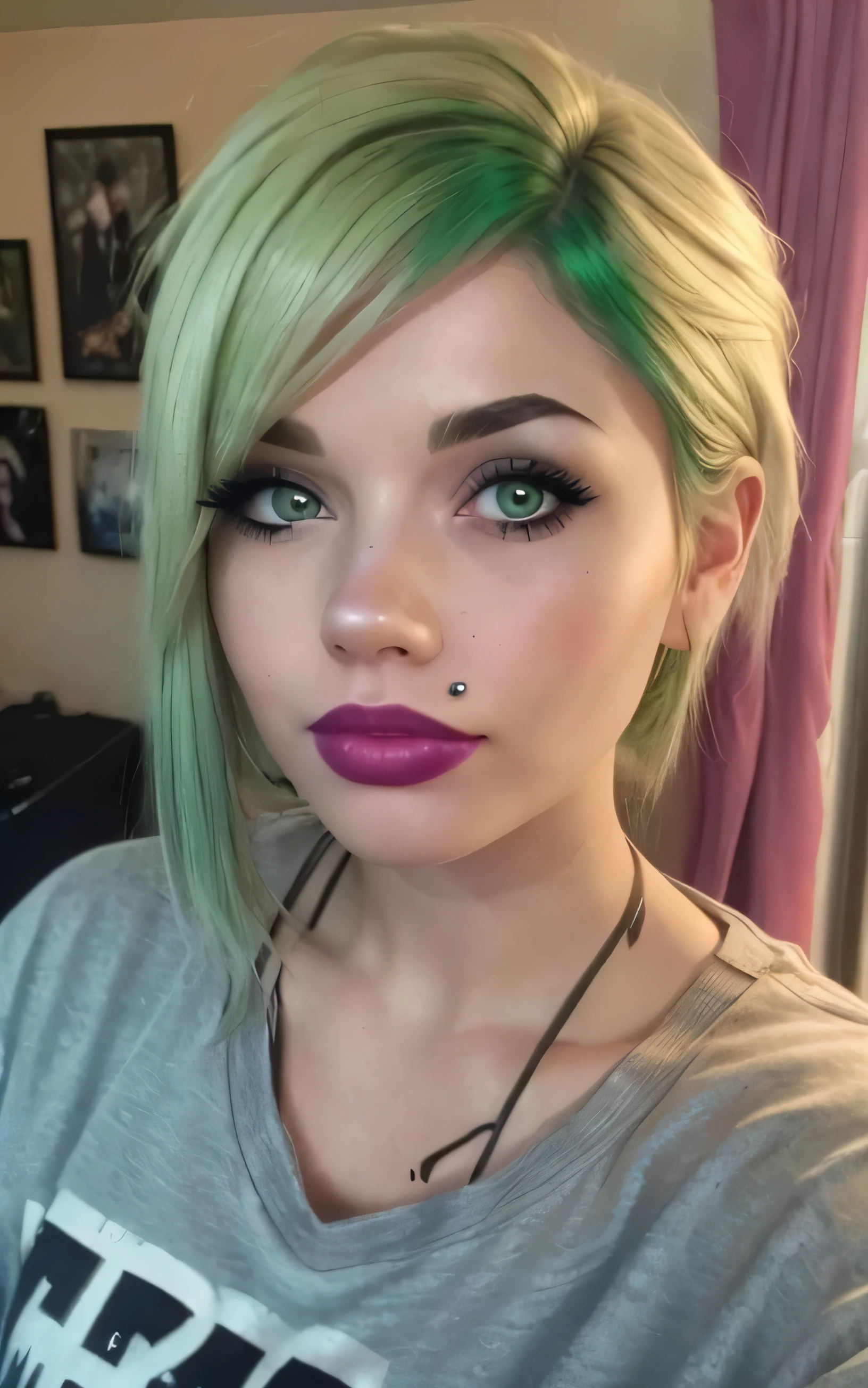 monpier2023, upper lip piercing, 1girl, 8k, uhd, best quality, trending on arstation, photorealistic, masterpiece, raw image, skin pores, detailed skin, blonde hair, award winning photo, beautiful girl, green hair, shaved side, tinder photo, mouth piercing, face photo