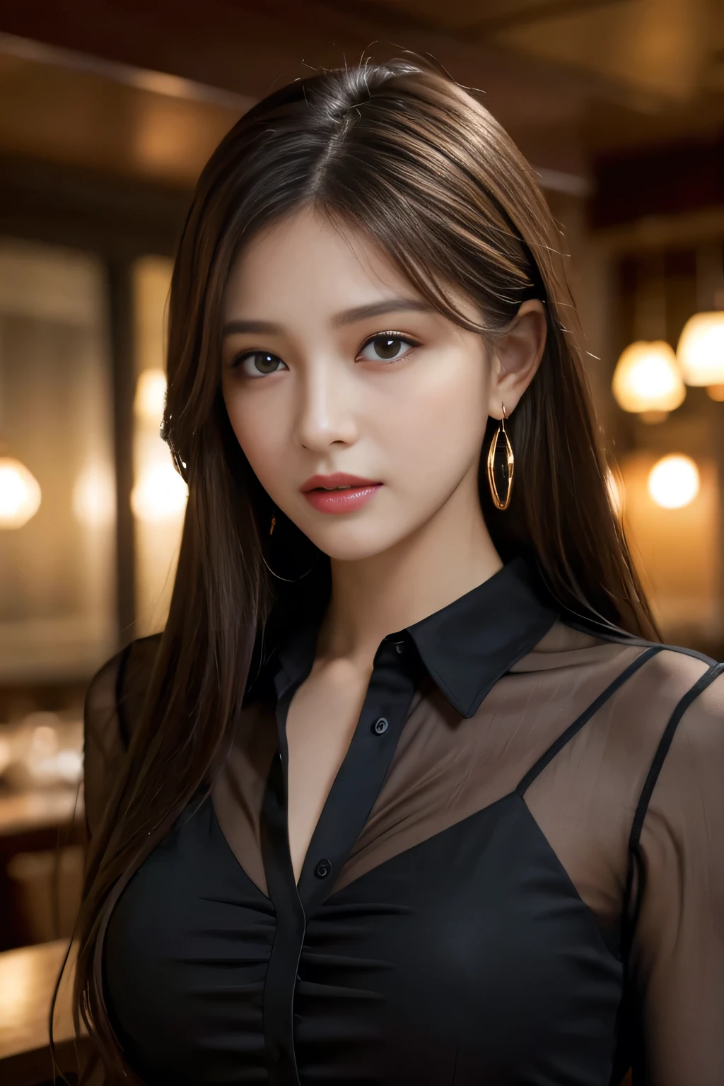 masterpiece, highest quality, Realistic, Very detailed, Finer details, High resolution, 8k wallpaper, One beautiful woman, Wear a black see-through shirt, In a great restaurant, At night, Light brown messy hair, Perfect dynamic composition, Beautiful and beautiful eyes、Big earrings,