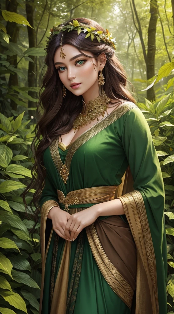 *Goddess of Wood**
   - **Appearance:** An enchanting woman with emerald-green eyes, dressed in an outfit made of leaves, vines, and flowers in various shades of green and brown. Her makeup is earthy, with green eyeshadow and natural, soft lips.
   - **Details:** Her hair is long and textured, streaked with shades of green, brown, and gold, resembling the foliage of a forest. The play of light and shade highlights the textures of wood and leaves, with sunlight filtering through the canopy.
   - **Composition:** The background is a vibrant palette of greens and browns, with colorful flowers adding contrast. The entire scene captures the lush and vibrant energy of a forest, with sharp focus on her detailed face and body.