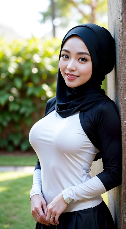 RAW, Best quality, high resolution, Masterpiece: 1.3), Beautiful Korean woman in hijab, Masterpiece, Perfect slim body, ((Big breasts)), Beautiful big eyes, water eyes, Soft smile,hijab, (tight dress), red dress, longsleeve, sexy body, (black short skirt), pencil skirt, black background, (extremely detailed skin, extremely detailed hijab),morning time, laughing, happy, bright sunlight, flower garden path, blurred background, bokeh,