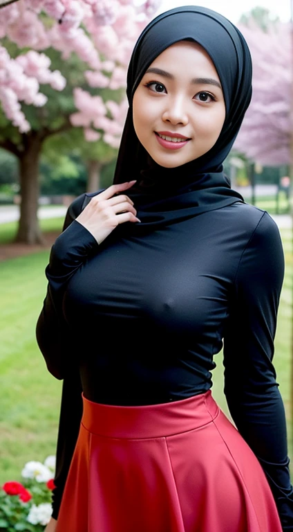 RAW, Best quality, high resolution, Masterpiece: 1.3), Beautiful Korean woman in hijab, Masterpiece, Perfect slim body, ((Big breasts)), Beautiful big eyes, water eyes, Soft smile,hijab, (tight dress), red dress, longsleeve, sexy body, (black short skirt), pencil skirt, black background, (extremely detailed skin, extremely detailed hijab),morning time, laughing, happy, bright sunlight, flower garden path, blurred background, bokeh,