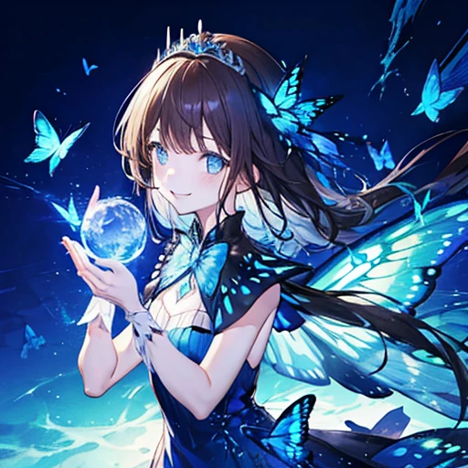 1 girl, Fairy, Fairy女王, Blue butterfly wings, Brown Hair, Long Hair, Silver Tiara, blue eyes, Blue Dress, Blue shining rose, Glowing Butterfly, Small smile, Use magic, Create a magic circle from both hands, Glowing Butterflyが住む幻想的な夜の森