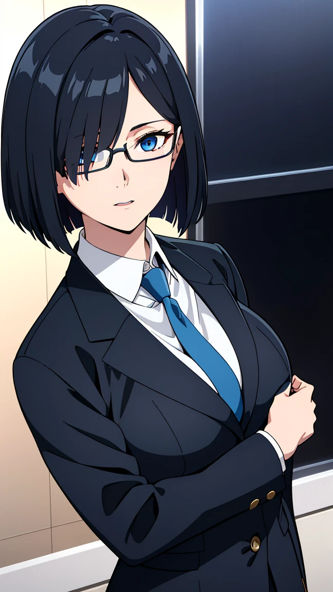 (best quality:1.5, highres, UHD, 4K, detailed eyes, detailed lighting, detailed hair, shaders), black hair, bob cut, hair covering one eye, cool woman, cool girl, sharp eyes, blue eyes, beautiful, large breasts, formal suit, necktie, jacket, with glasses