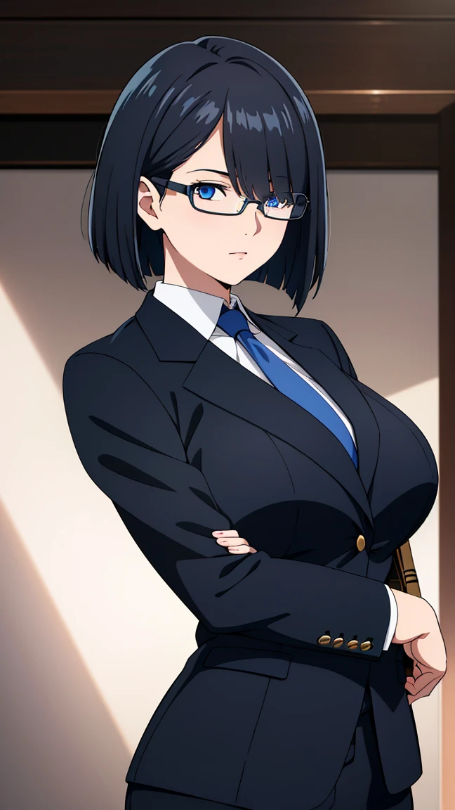 (best quality:1.5, highres, UHD, 4K, detailed eyes, detailed lighting, detailed hair, shaders), black hair, bob cut, hair covering one eye, cool woman, cool girl, sharp eyes, blue eyes, beautiful, large breasts, formal suit, necktie, jacket, with glasses