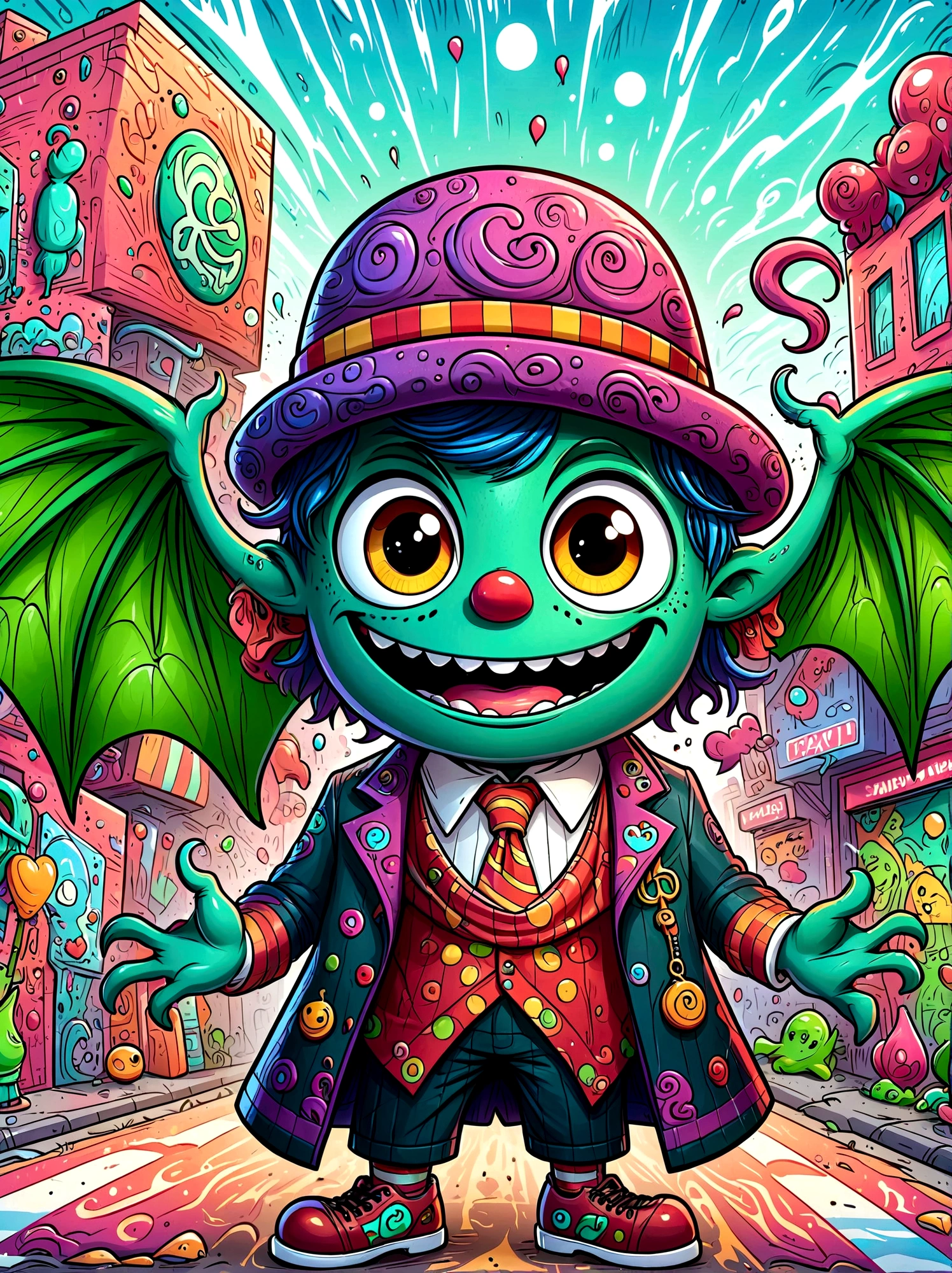 (masterpiece,Best quality:1.2),Graffiti style,Cartoon Characters,Vector illustration,(A Cthulhu monster:1.5),Dress up as a clown,With a mischievous smile on his face,Eyes wide open,sparkling,His figure is slender,Dressed in chaotic and brightly colored clothes,Includes an ornate hat with a heart symbol,Baggy pants and oversized shoes,This character shows vivid excitement,Arms open,As if preparing to perform magic,Hovering in an otherworldly landscape,站在Graffiti style的背景前,Add whimsy to the scene, 1kexx1
