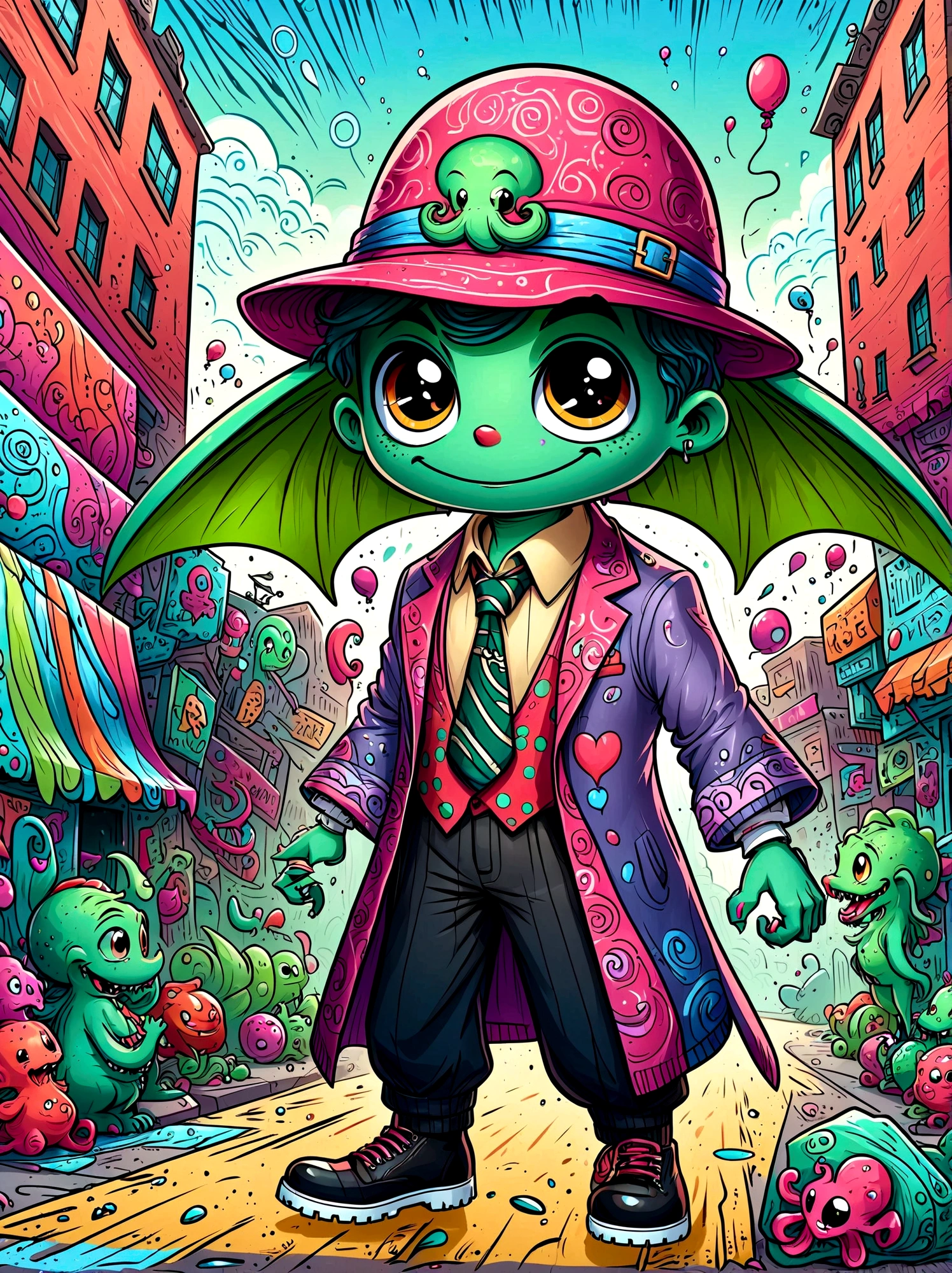 (masterpiece，Best quality:1.2)，Graffiti style，Cartoon Characters，Vector illustration，(A Cthulhu monster:1.5)，Dress up as a clown，With a mischievous smile on his face，Eyes wide open，sparkling，His figure is slender，Dressed in chaotic and brightly colored clothes，Includes an ornate hat with a heart symbol，Baggy pants and oversized shoes，This character shows vivid excitement，Arms open，As if preparing to perform magic，Hovering in an otherworldly landscape，站在Graffiti style的背景前，Add whimsy to the scene, 1kexx1