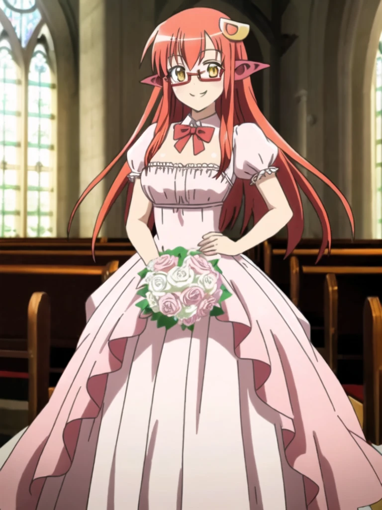 altmiia, bowtie hair, red glasses, slave collar, Red hair, yellow eyes, pointy ears, hair ornament, face scales, pink wedding dress, large chest, smiling, church,