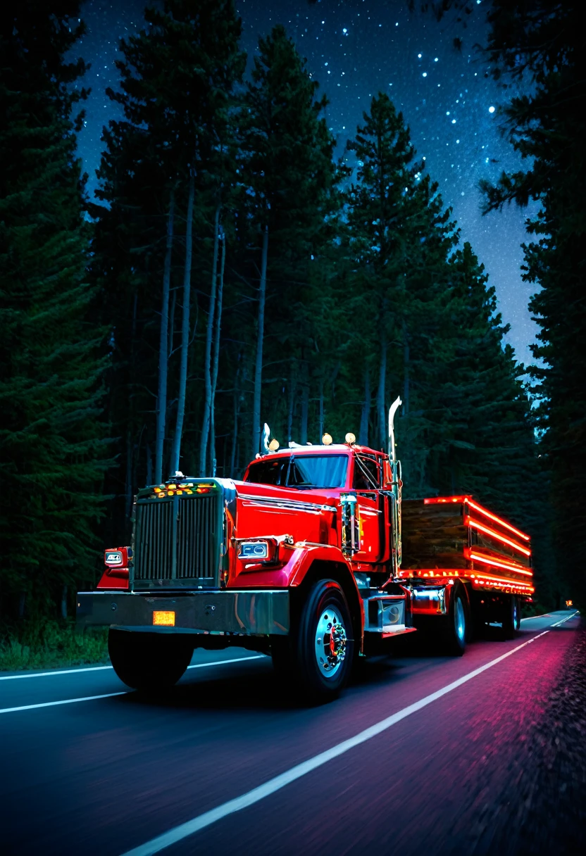 A super truk, trailer rojo, adornado con luces, de colores, por carretera, de noche, bosque, 5k, HD