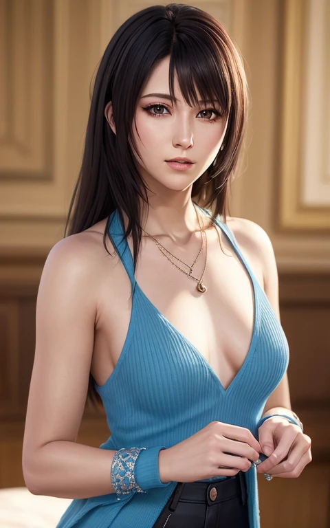 rinoa, blue duster, blue wristbands, holding necklace, portrait body, unparalleled masterpiece, ultra realistic 8k CG, perfect artwork, clean, beautiful face, pure face, pale skin, intricate detail, prestige, gorgeous, luxury, fancy ballroom